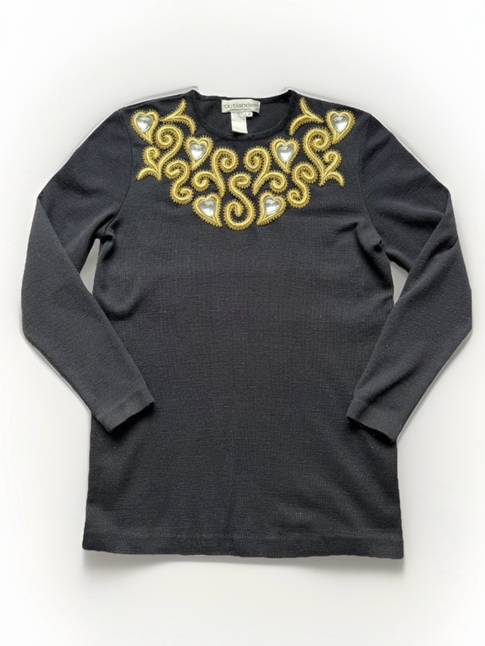Vintage Gold Embroidered Heart Rhinestone Bib Black Sweater Outlander Coquette M